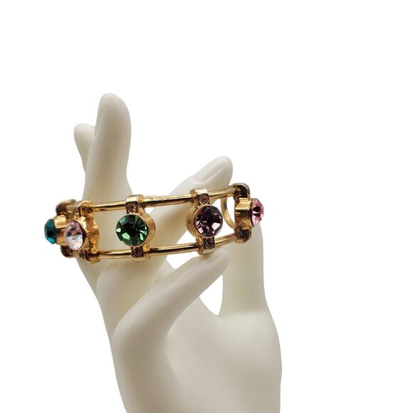 Modernist Crystal Wire Cuff Bracelet Multi Color Faux Gem Boho Bangle Open Work - Picture 5 of 8